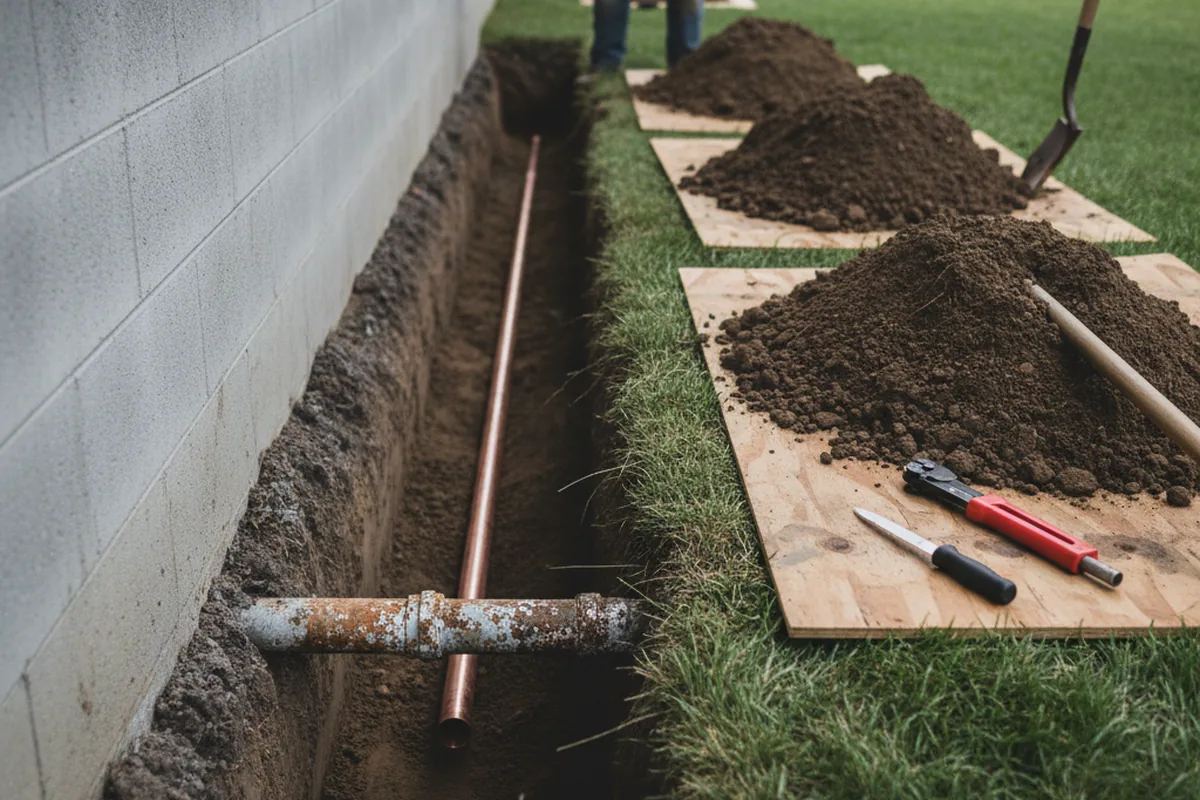 Excavated water line trench during Sewer Line Repair in Myrtle